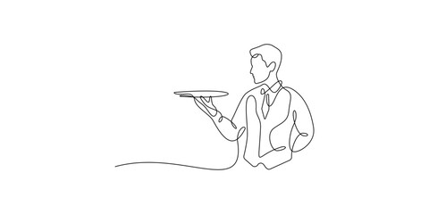 Continuous line drawing of a waiter holding a tray, minimalist one line art of a server in professional hospitality style, vector illustration. © Akhi