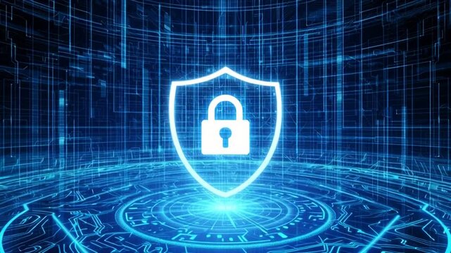 A digital padlock symbol inside a shield signifies cyber security, protection and digital safety. 