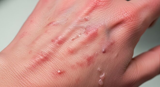 Hand with skin irritation and blisters.