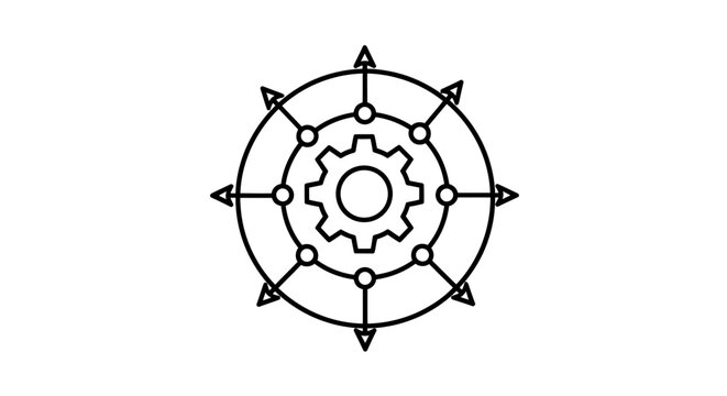Intricate circular gear wheel with multiple teeth and inner gears, a detailed engineering symbol.