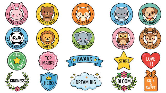 Colorful kids badge vector set with cute animal faces, award ribbons, star labels, kindness marks, hero medals and playful classroom stickers