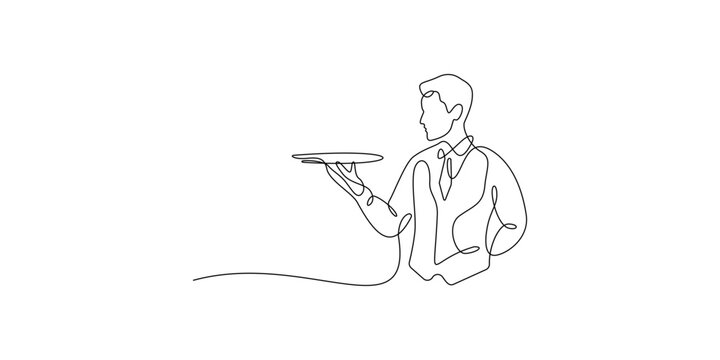 Continuous line drawing of a waiter holding a tray, minimalist one line art of a server in professional hospitality style, vector illustration.