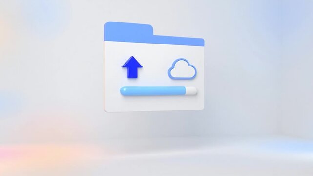 Abstract 3D illustration of a file folder icon indicating cloud uploading, symbolizing seamless data transfer and digital cloud storage. 