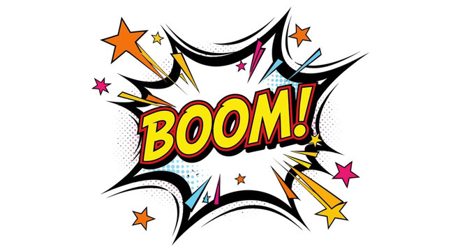 Boom! Comic Book Speech Bubble Explosion with Stars and Lightning
