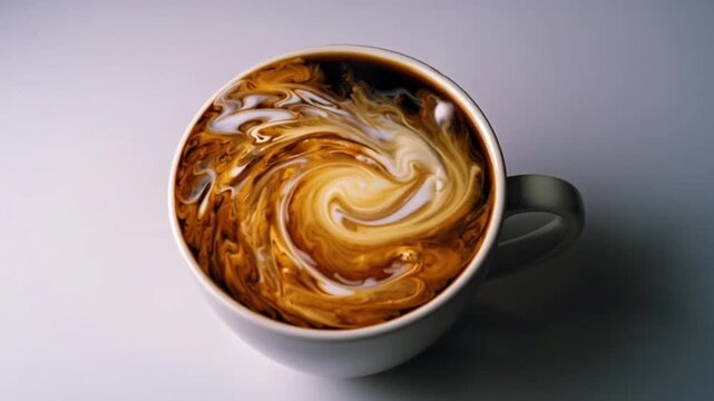 An overhead view captures a swirling dance of milk blending with rich, dark coffee in a simple ceramic mug, creating a visual symphony of textures and tones.  