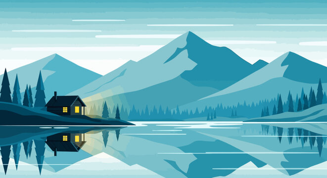 Cozy Cabin by a Serene Lake with Mountain Reflections.