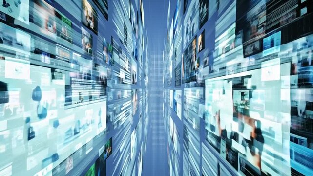 Navigating a futuristic data stream, a symphony of glowing screens cascades through a vibrant virtual space. 