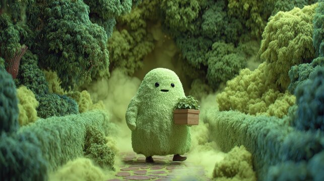 Cute Green Character Holding Plant in Enchanted Lush Forest Environment