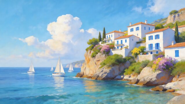 Coastal village with sailboats and cliffs