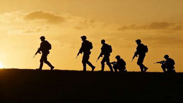 Soldiers marching silhouette at sunset