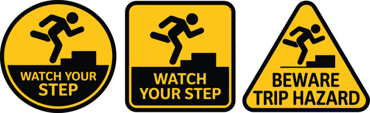 Tripping, hazard symbol safety sign with watch your step warning, floor obstacle caution and falling person alert vector illustration design.
