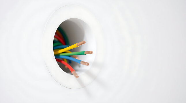Multicolored Electrical Wires Protruding From A Hole In A White Wall