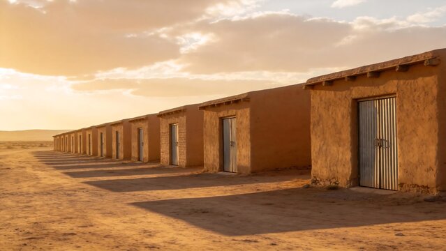 Row of mud brick buildings in desert