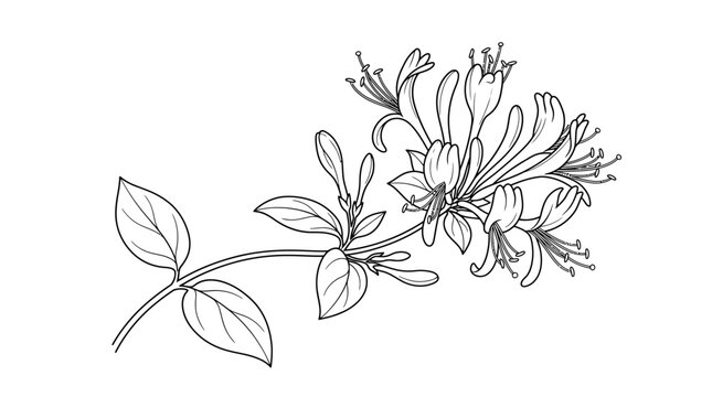 Detailed black and white line drawing of a honeysuckle branch with multiple blossoms and leaves, showcasing its natural beauty.