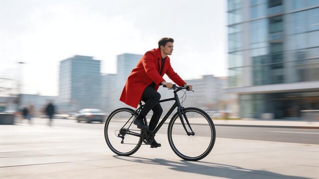 Man in red coat riding bicycle
