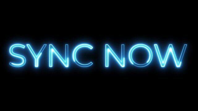Blue Neon Sync Now Text Glowing on Black Background