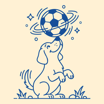 Blue Line Art Illustration of a Talented Puppy Dog Balancing and Spinning a Soccer Ball on its Nose