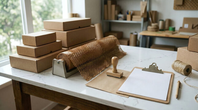 Sustainable e-commerce packaging station with recycled cardboard boxes and honeycomb paper wrap.