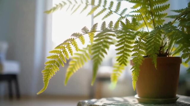 Close-up view of a leafy green specimen placed in a clay container softly lit by daylight with shallow focus creating a calm domestic atmosphere