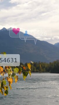 Vertical video: After brief hold, icons flowing in over lake, branch anchoring to show likes