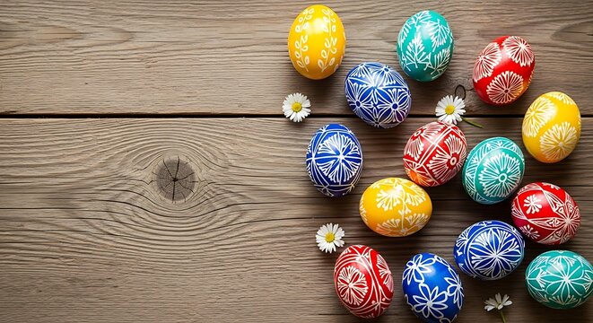 Colorful Easter eggs on wooden table.