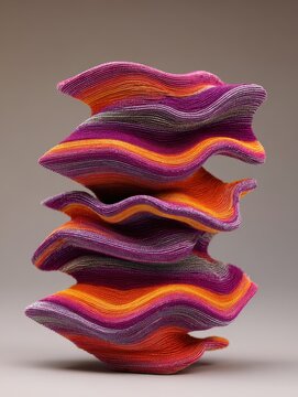 Organic stack of layered forms with undulating parallel orange and purple optical stripes. High contrast, textured surface, balanced object