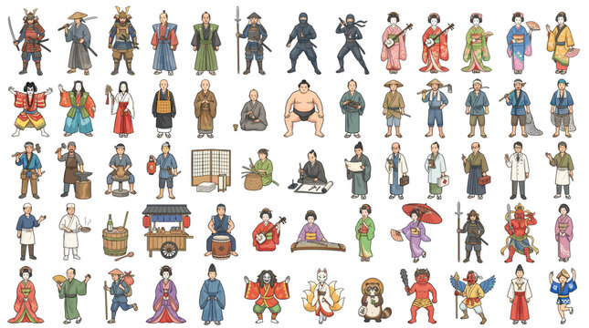 Watercolor Japanese people vector set with samurai, geisha, ninjas, monks, villagers, dancers, sumo wrestlers and traditional character costumes
