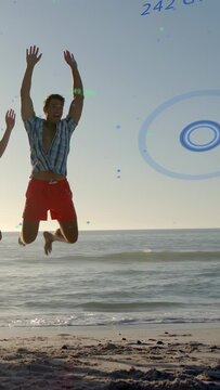 Vertical video: Man noticing 242 GWEI concentric target overlay, stepping and leaping to reach tech