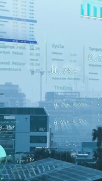 Vertical video: Data feed starting HUD over city skyline, gauges filling, panels displaying metrics