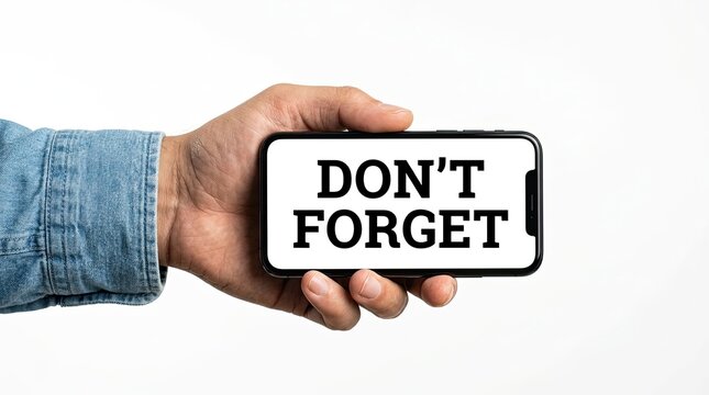Human hand holding a modern smartphone with the text dont forget displayed on the bright digital screen for alert purposes
