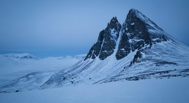 Dramatic snowy mountain landscape at twilight or dawn