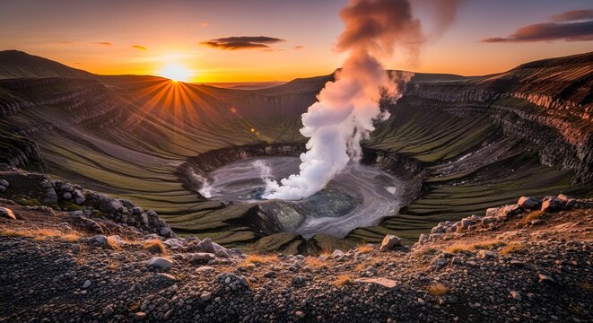 Earthen geothermal steam vent in Icelandic volcanic landscape at sunset