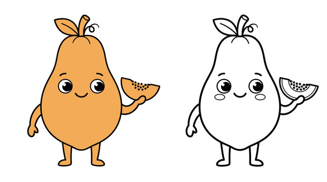 Cheerful cartoon pear character with a playful expression holding a slice of fruit in a bright and simple design capturing fun