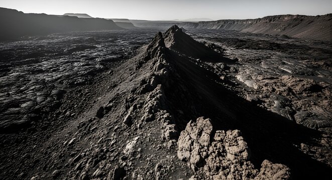 Dramatic volcanic landscape with ancient lava flow and mountains