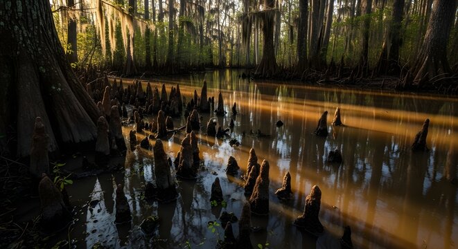 Eerie Sunlit Swamp Forest Canopy with Mysterious Tree Roots