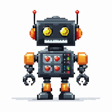 Retro pixel art robot character with glowing yellow eyes and orange accents, standing on a white background