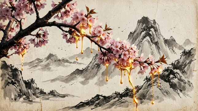 Cherry blossom branch with pink flowers and golden liquid dripping against a traditional Japanese mountain landscape painted in black and white ink