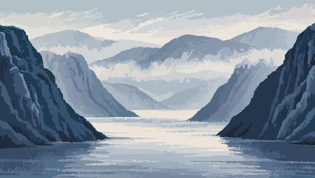 Pixel landscape of a serene lake or fjord surrounded by imposing blue grey mountains under a hazy sky.