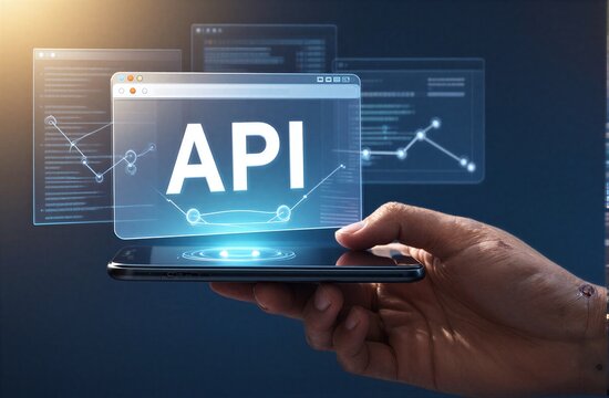Hand holds phone displaying 'API' with digital interface symbolizing