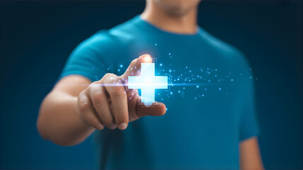Obraz premium Health and Wellness Concept with a Glowing Digital Plus Sign Being Touched by a Person