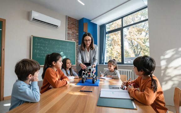 Teacher guides students in classroom with robot fostering interactive