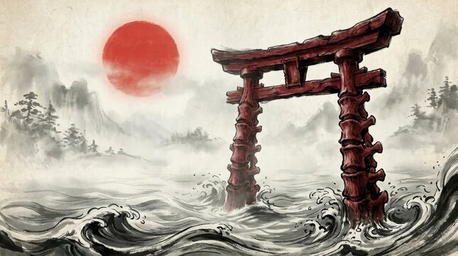 Red torii gate standing in turbulent ocean waters with misty mountains and red sun in the background perfect for Japanese culture themes