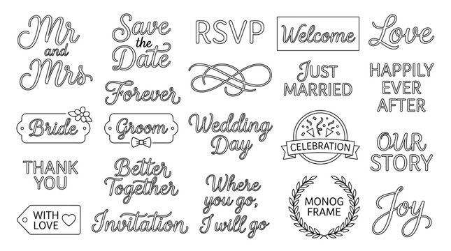 Black and white wedding lettering vector set with RSVP, save the date, welcome, love, thank you, happily ever after and romantic bridal phrases