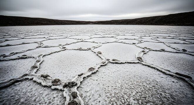 Frozen lake surface hexagonal pattern during winter dawn