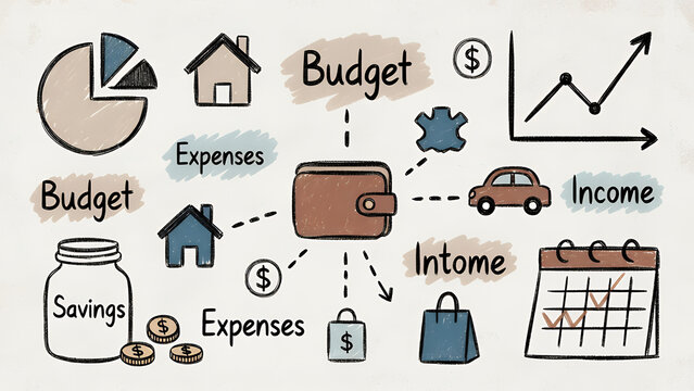Hand-drawn illustration of personal finance concepts, including budgeting, income, expenses, and savings, centered around a wallet.