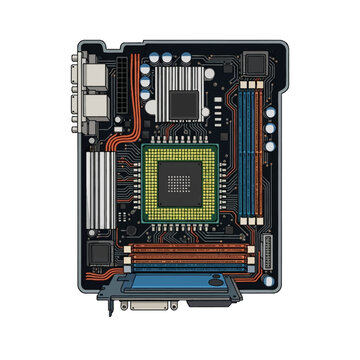 Detailed vector illustration of a computer motherboard featuring the central processing unit chip, RAM memory slots, cooling heatsinks, capacitors, and electronic circuit traces.