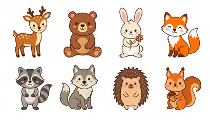 Obraz premium Cute forest animals vector set with bright cartoon wildlife characters fox bear rabbit deer isolated on white