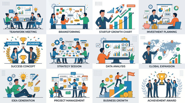 Dynamic illustration collection depicting essential business processes, teamwork, financial growth, and strategic planning for corporate success and development across various scenarios