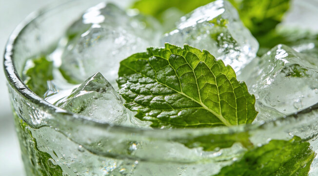Macro shot of a refreshing drink with fresh mint leaves and ice cubes, close-up of sparkling water or mojito cocktail with bubbles, concept of summer hydration, cold beverages, and healthy herbal infu