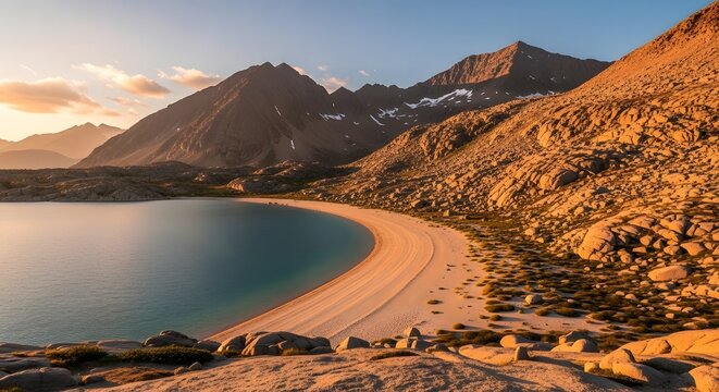 Golden hour reflections on quiet desert mountain lake
